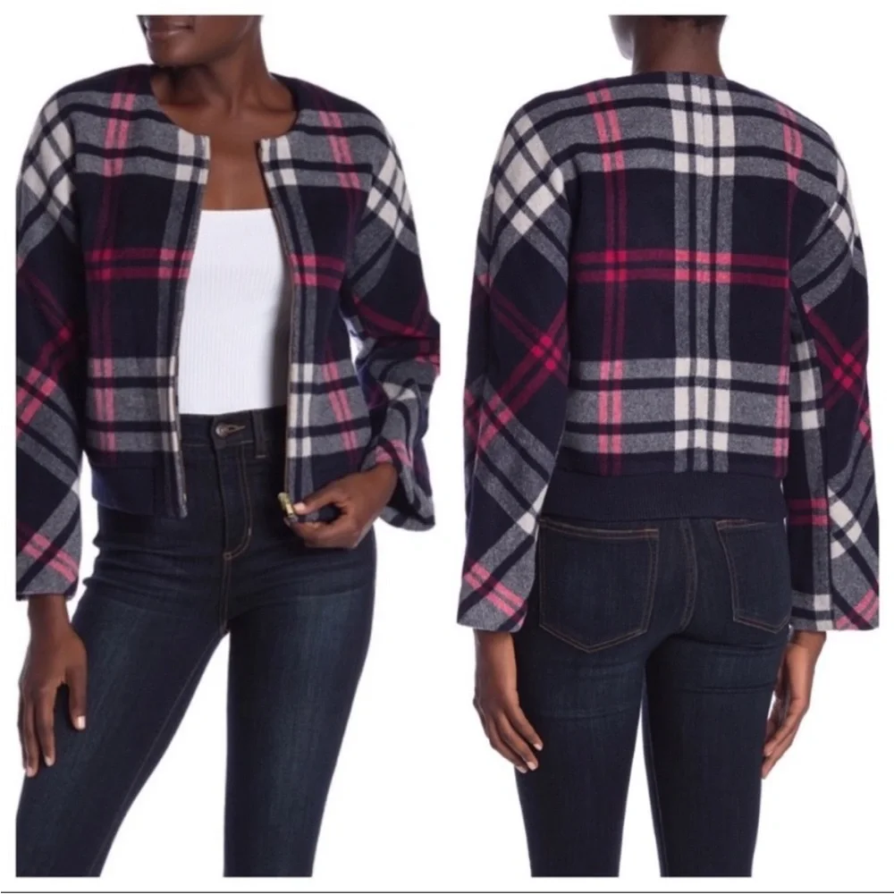 J. Crew Navy Plaid Wool Bomber Jacket with Pink Accents - Picture 4 of 9